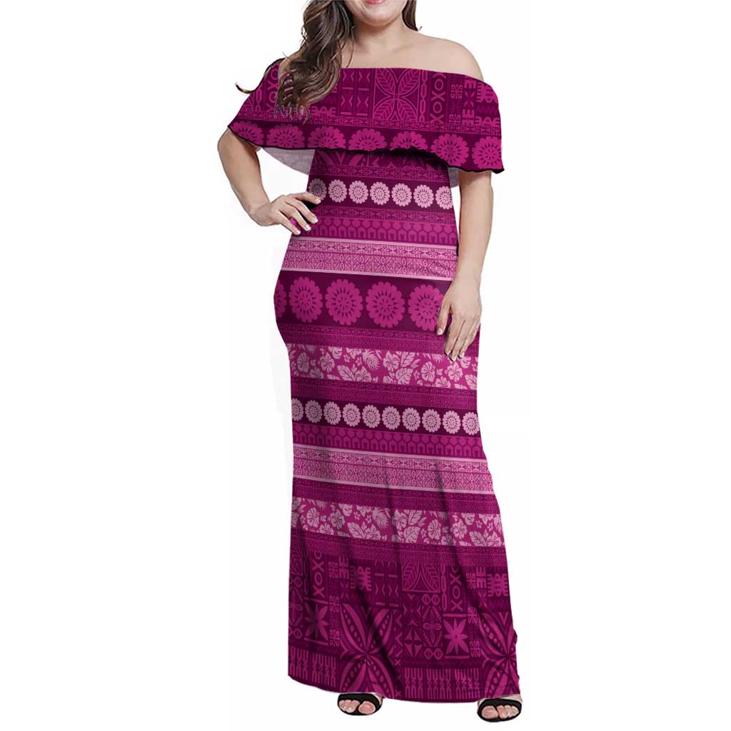 Fiji Marau na Kerisimasi Family Matching Off Shoulder Maxi Dress and Hawaiian Shirt Pink Tapa Masi Inspired Christmas LT9 Mom's Dress Pink - Polynesian Pride