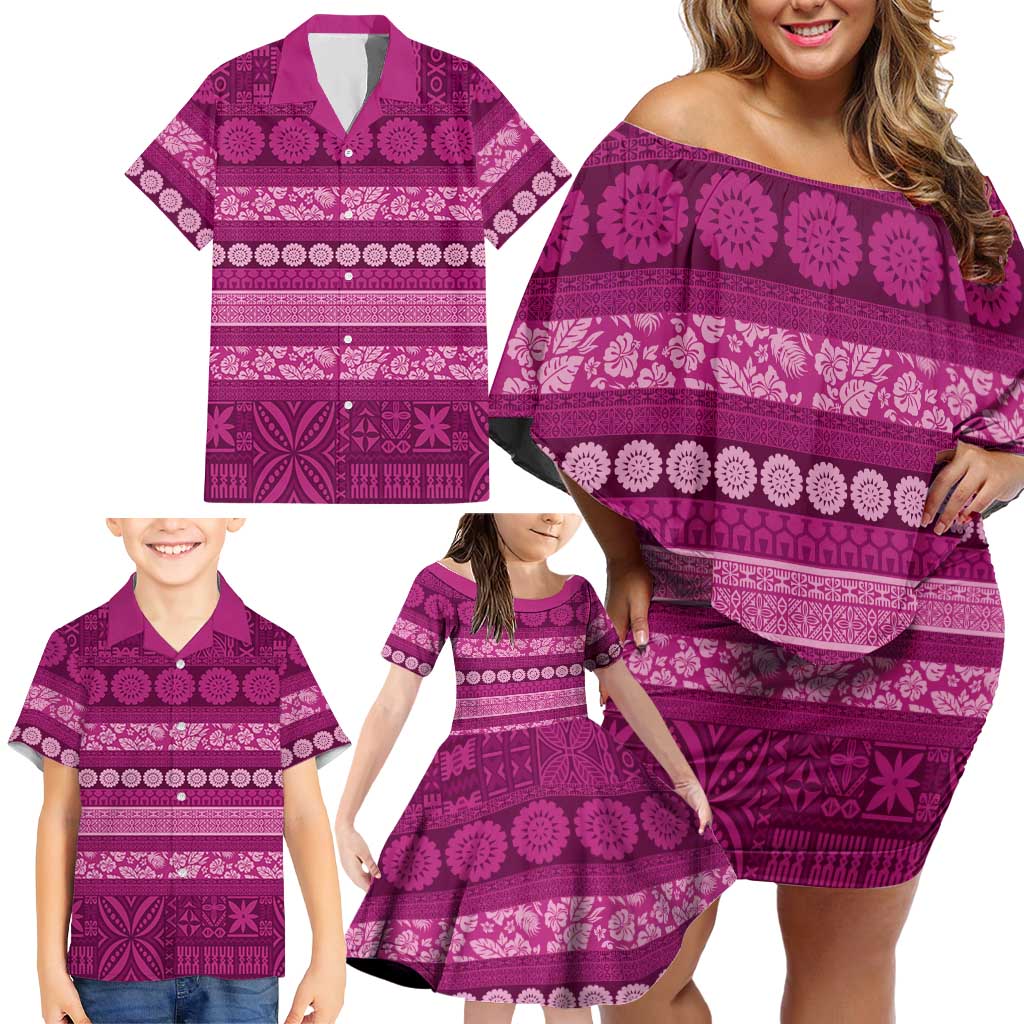 Fiji Marau na Kerisimasi Family Matching Off Shoulder Short Dress and Hawaiian Shirt Pink Tapa Masi Inspired Christmas LT9 - Polynesian Pride