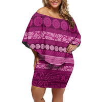 Fiji Marau na Kerisimasi Family Matching Off Shoulder Short Dress and Hawaiian Shirt Pink Tapa Masi Inspired Christmas LT9 Mom's Dress Pink - Polynesian Pride