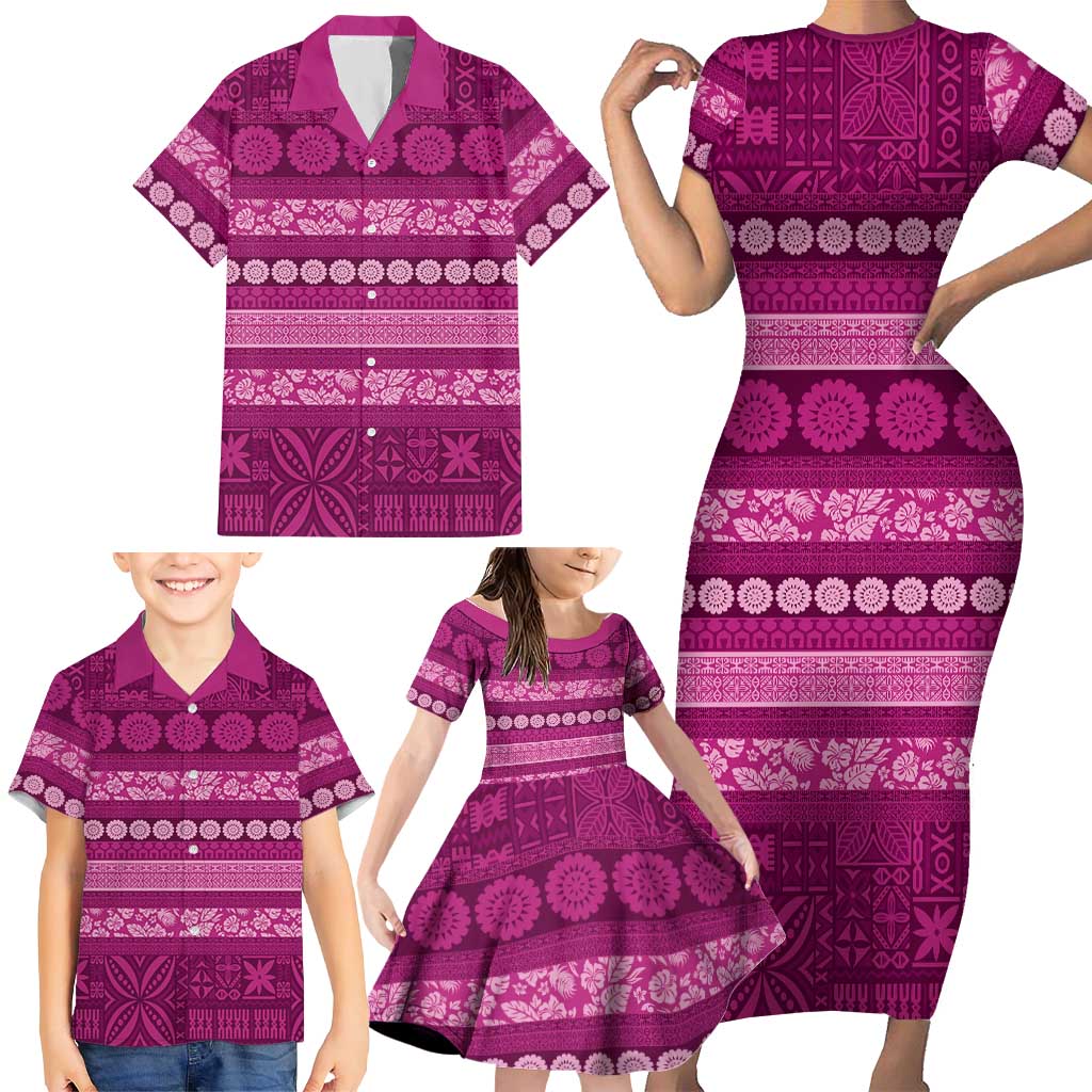 Fiji Marau na Kerisimasi Family Matching Short Sleeve Bodycon Dress and Hawaiian Shirt Pink Tapa Masi Inspired Christmas - Polynesian Pride