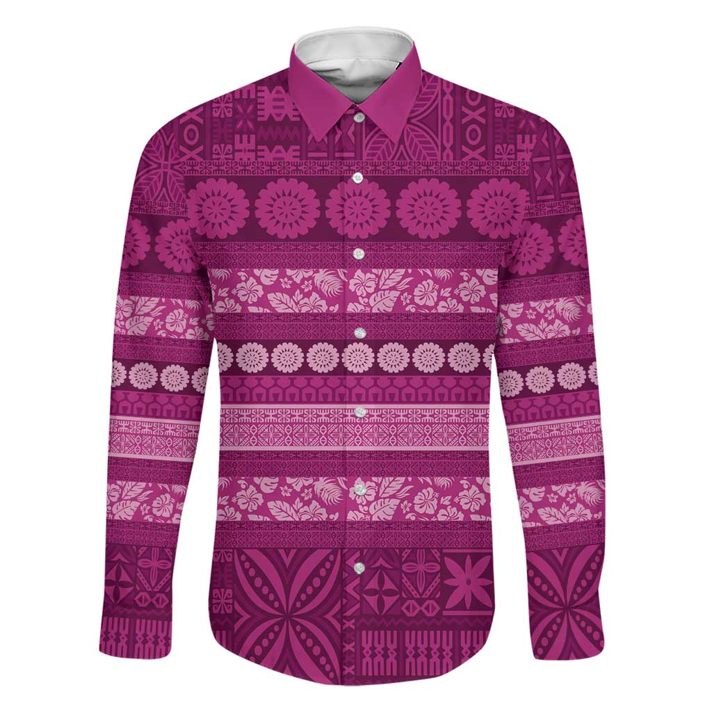 Fiji Marau na Kerisimasi Family Matching Short Sleeve Bodycon Dress and Hawaiian Shirt Pink Tapa Masi Inspired Christmas LT9 Dad's Shirt - Long Sleeve Pink - Polynesian Pride