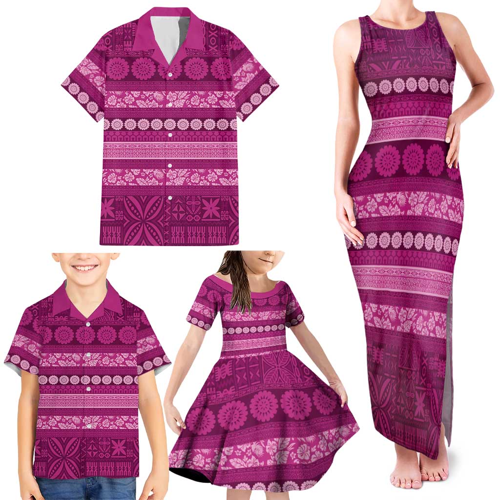 Fiji Marau na Kerisimasi Family Matching Tank Maxi Dress and Hawaiian Shirt Pink Tapa Masi Inspired Christmas - Polynesian Pride