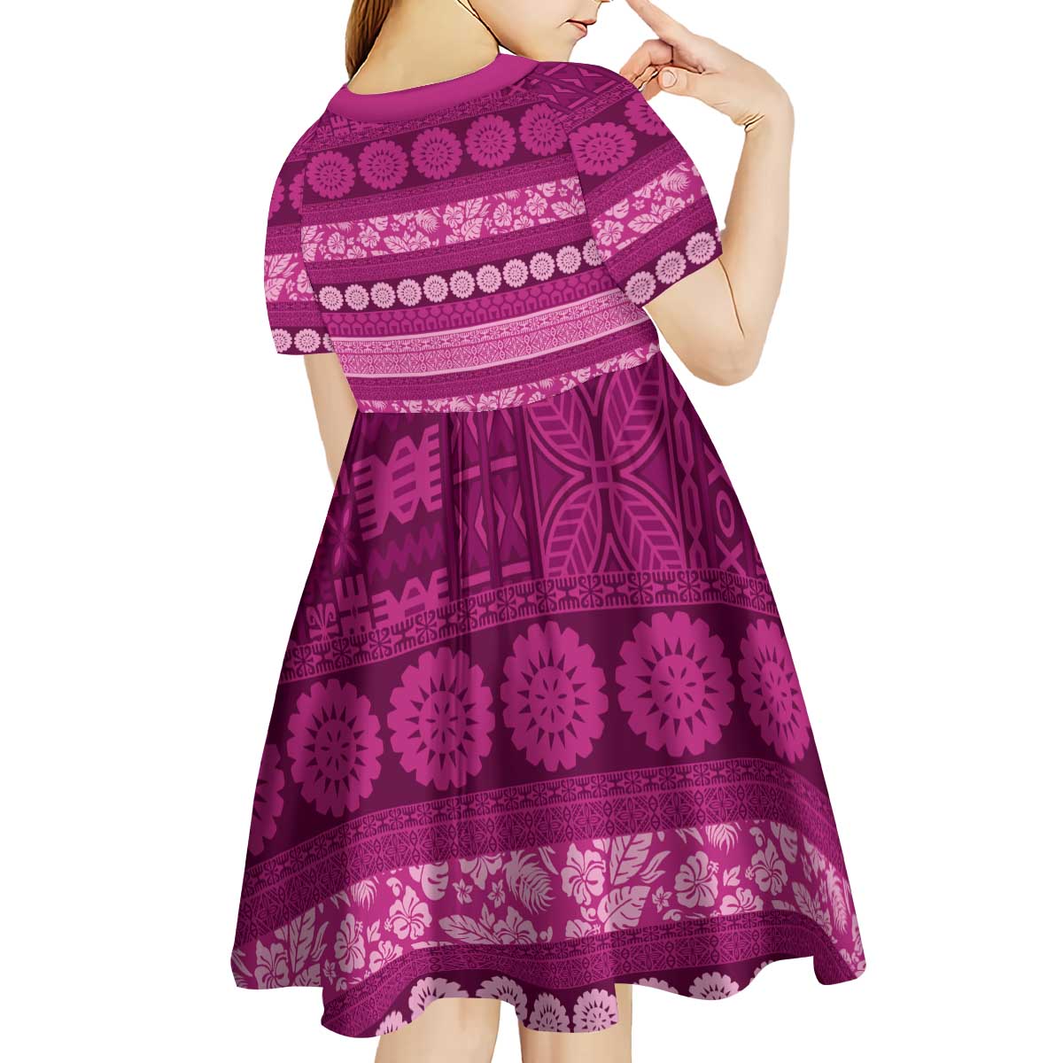 Fiji Marau na Kerisimasi Kid Short Sleeve Dress Pink Tapa Masi Inspired Christmas - Polynesian Pride
