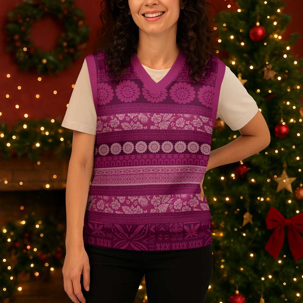 Fiji Marau na Kerisimasi Christmas Knitted V-Neck Vest Pink Tapa Masi Inspired Christmas - Polynesian Pride