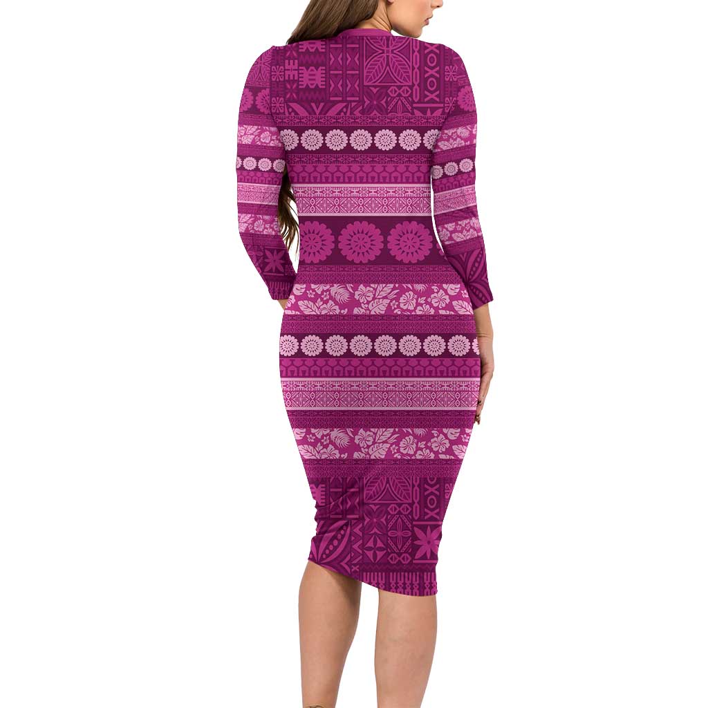 Fiji Marau na Kerisimasi Long Sleeve Bodycon Dress Pink Tapa Masi Inspired Christmas - Polynesian Pride
