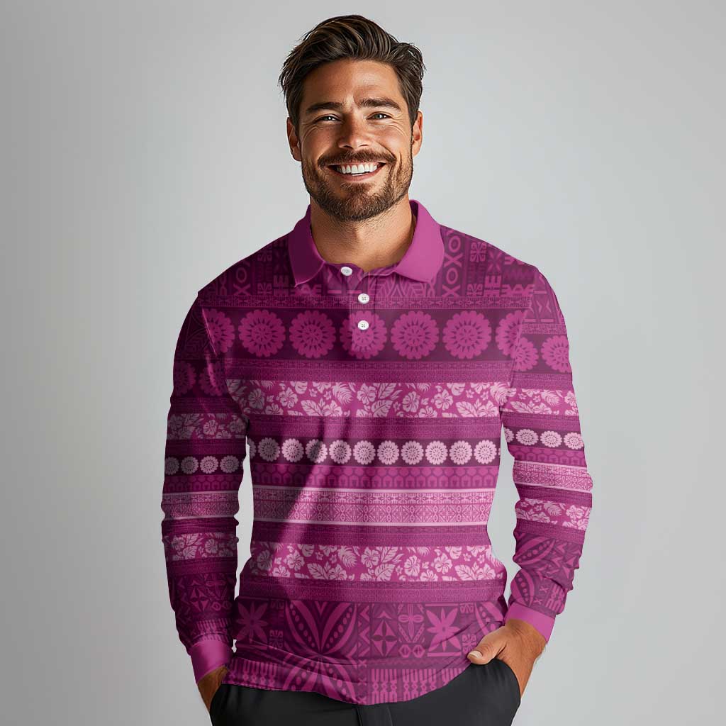 Fiji Marau na Kerisimasi Long Sleeve Polo Shirt Pink Tapa Masi Inspired Christmas - Polynesian Pride