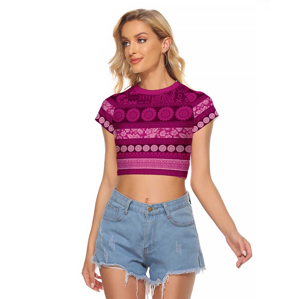 Fiji Marau na Kerisimasi Raglan Cropped T Shirt Pink Tapa Masi Inspired Christmas - Polynesian Pride