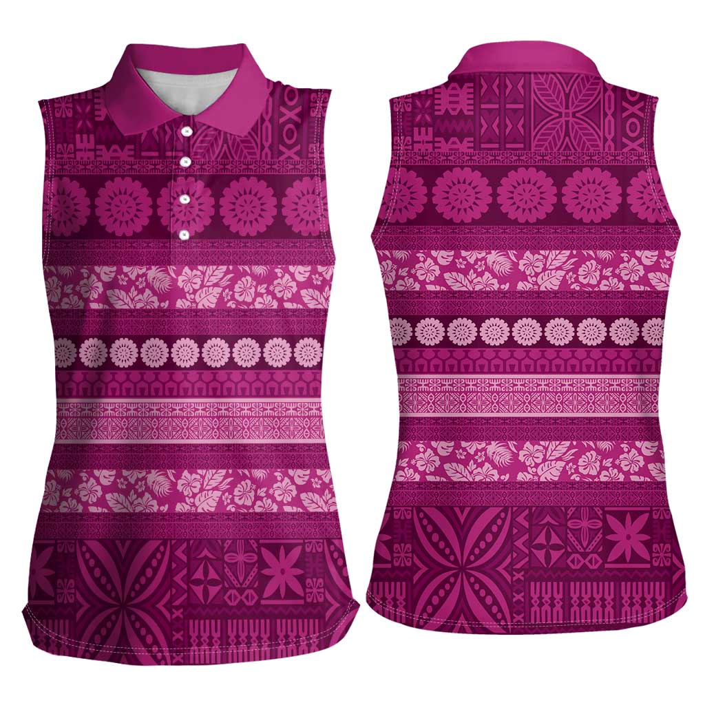 Fiji Marau na Kerisimasi Women Sleeveless Polo Shirt Pink Tapa Masi Inspired Christmas LT9 - Polynesian Pride