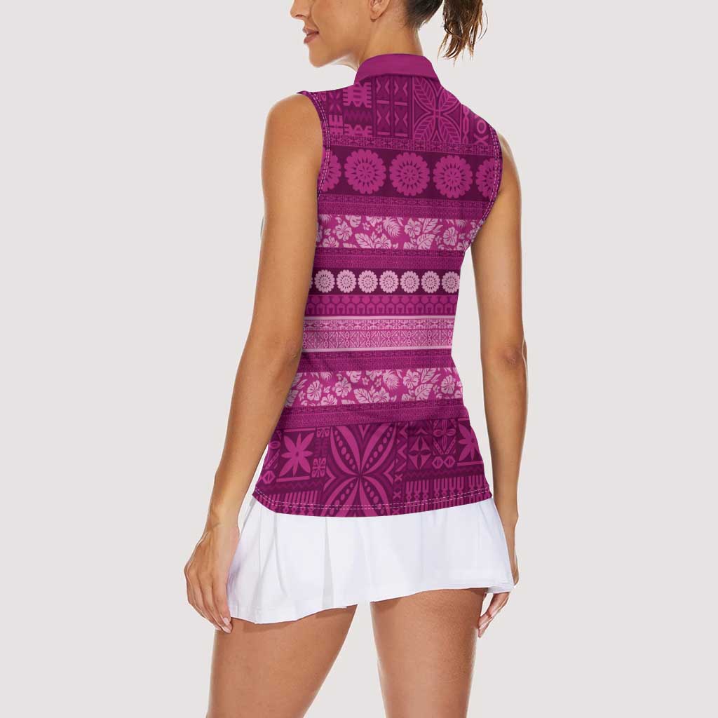 Fiji Marau na Kerisimasi Women Sleeveless Polo Shirt Pink Tapa Masi Inspired Christmas LT9 - Polynesian Pride