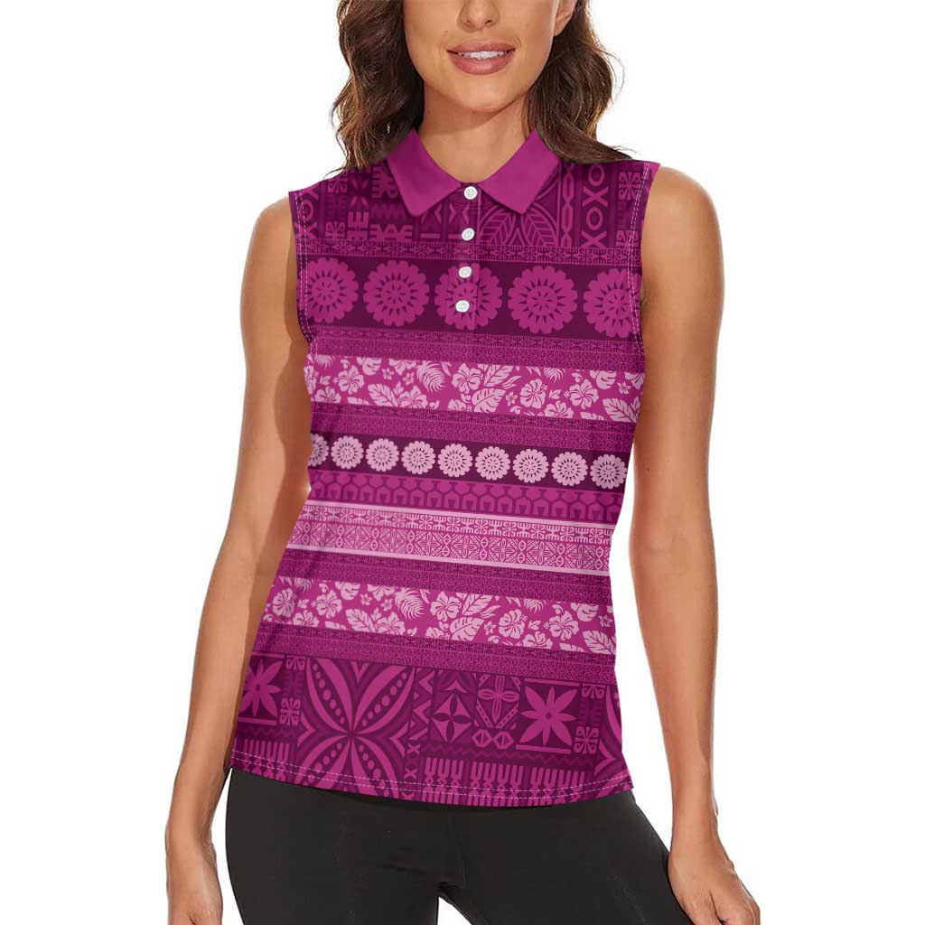 Fiji Marau na Kerisimasi Women Sleeveless Polo Shirt Pink Tapa Masi Inspired Christmas LT9 - Polynesian Pride
