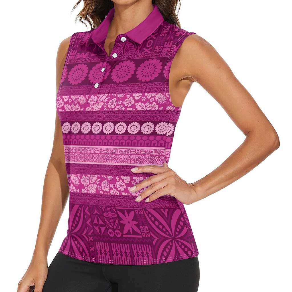 Fiji Marau na Kerisimasi Women Sleeveless Polo Shirt Pink Tapa Masi Inspired Christmas LT9 - Polynesian Pride