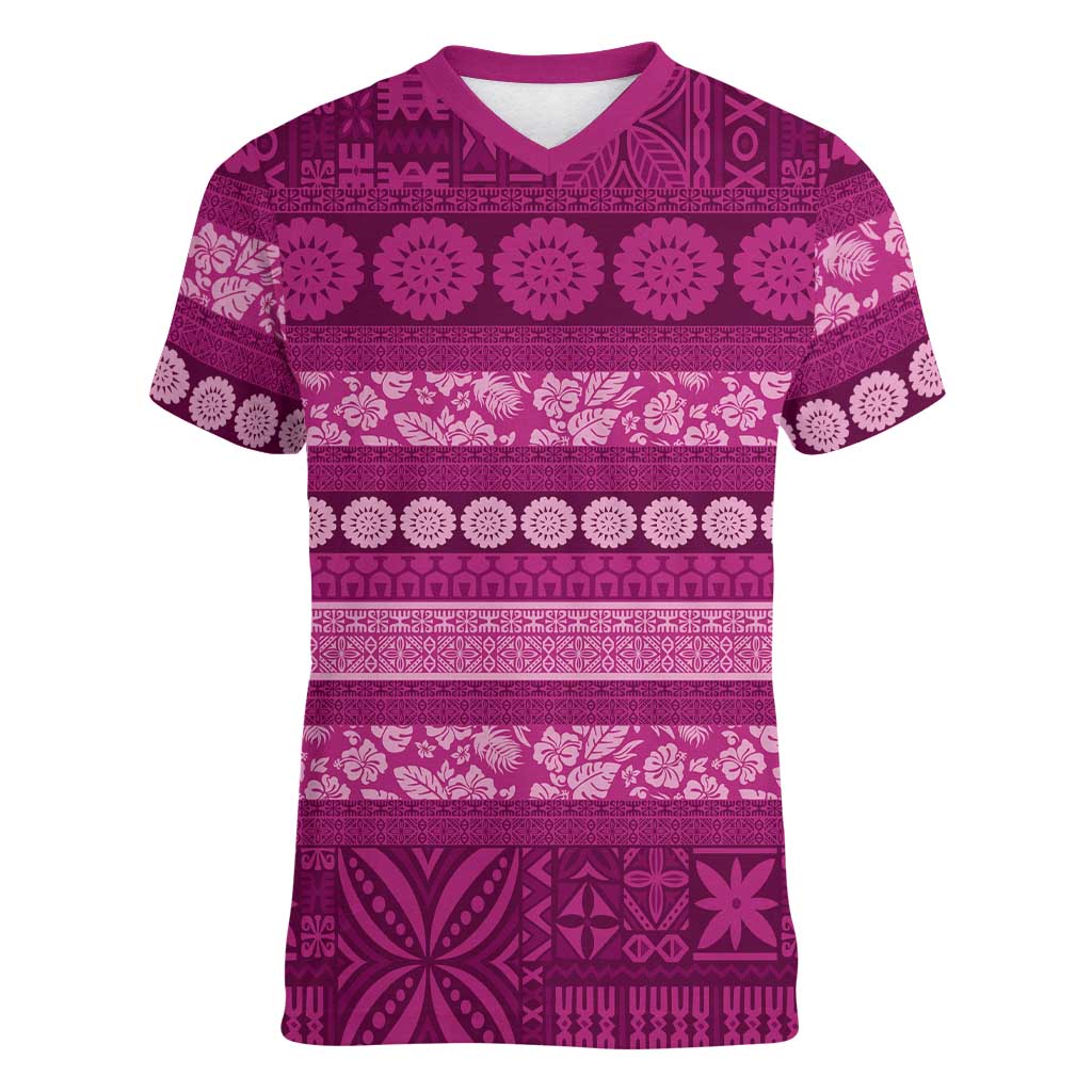 Fiji Marau na Kerisimasi Women V-Neck T-Shirt Pink Tapa Masi Inspired Christmas LT9 Female Pink - Polynesian Pride