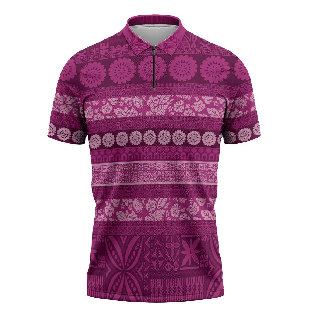 Fiji Marau na Kerisimasi Zipper Polo Shirt Pink Tapa Masi Inspired Christmas - Polynesian Pride