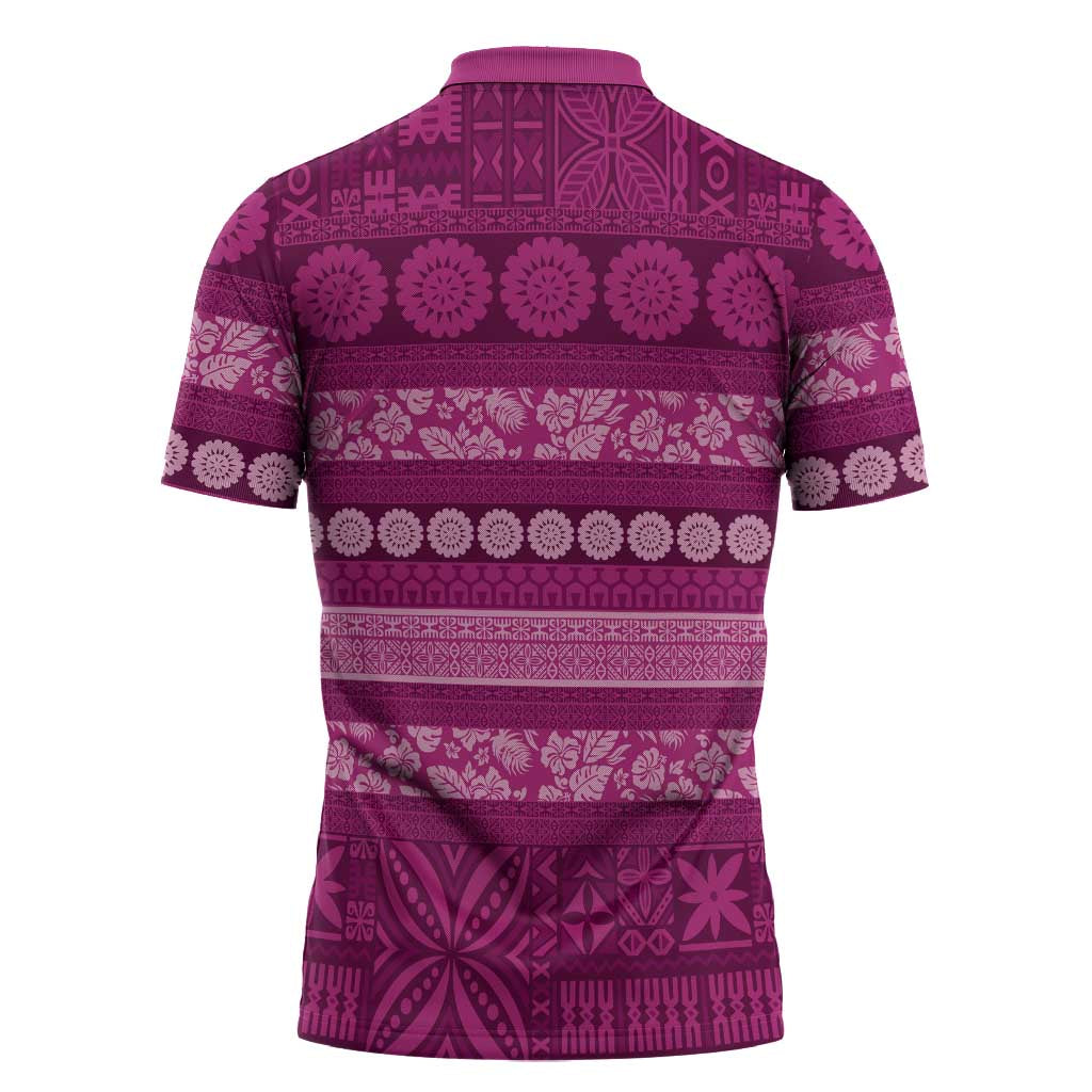 Fiji Marau na Kerisimasi Zipper Polo Shirt Pink Tapa Masi Inspired Christmas - Polynesian Pride