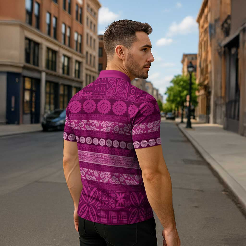 Fiji Marau na Kerisimasi Zipper Polo Shirt Pink Tapa Masi Inspired Christmas - Polynesian Pride