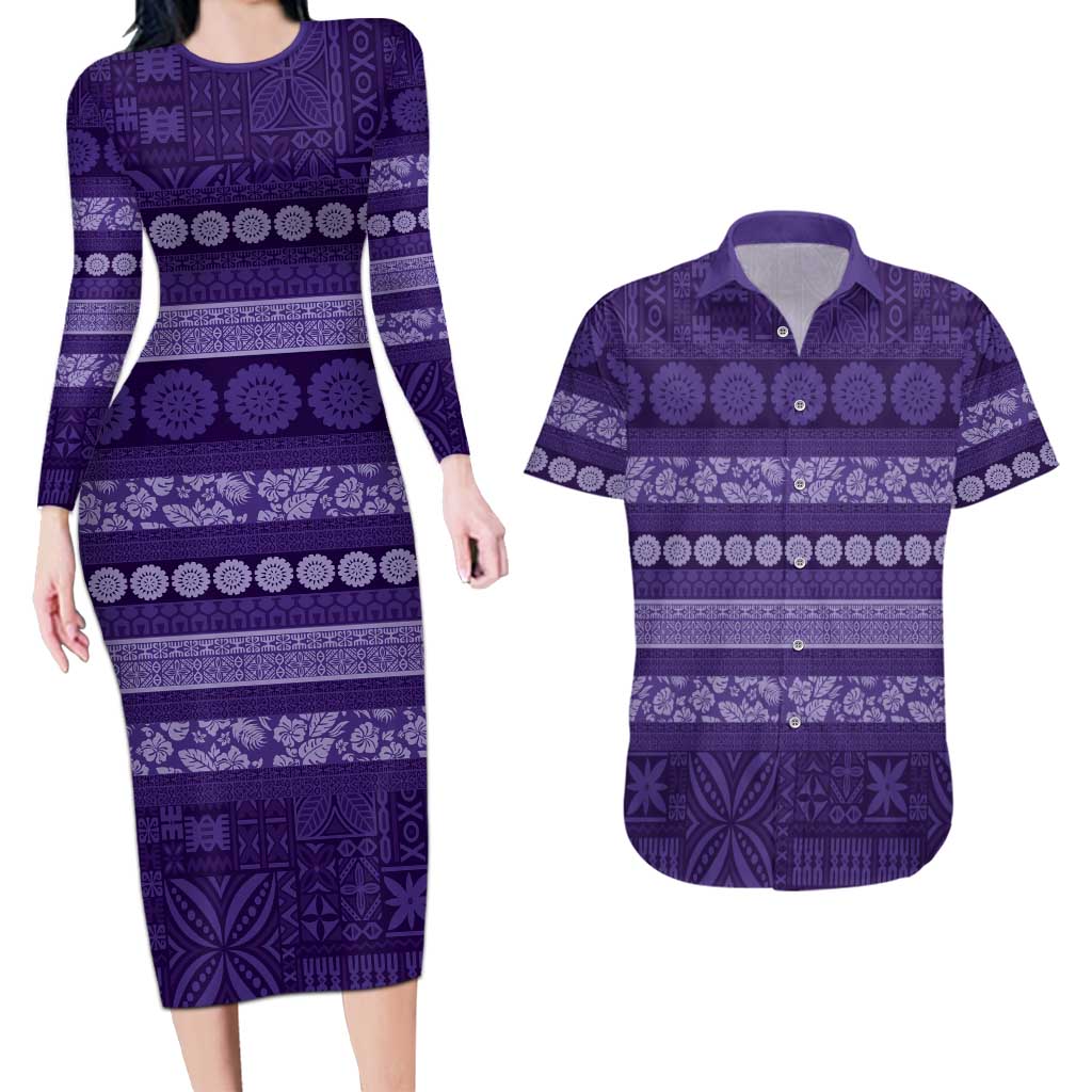 Fiji Marau na Kerisimasi Couples Matching Long Sleeve Bodycon Dress and Hawaiian Shirt Purple Tapa Masi Inspired Christmas - Polynesian Pride