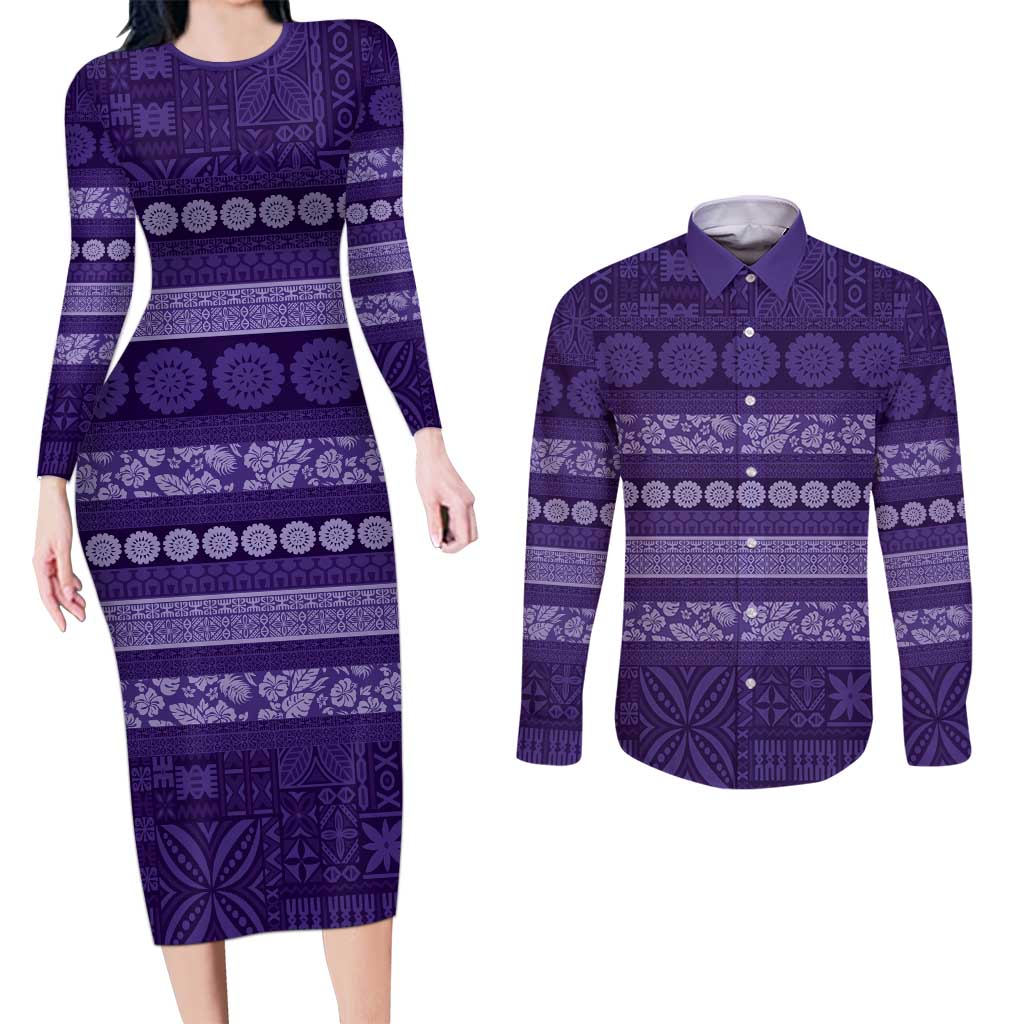 Fiji Marau na Kerisimasi Couples Matching Long Sleeve Bodycon Dress and Long Sleeve Button Shirt Purple Tapa Masi Inspired Christmas LT9 Purple - Polynesian Pride