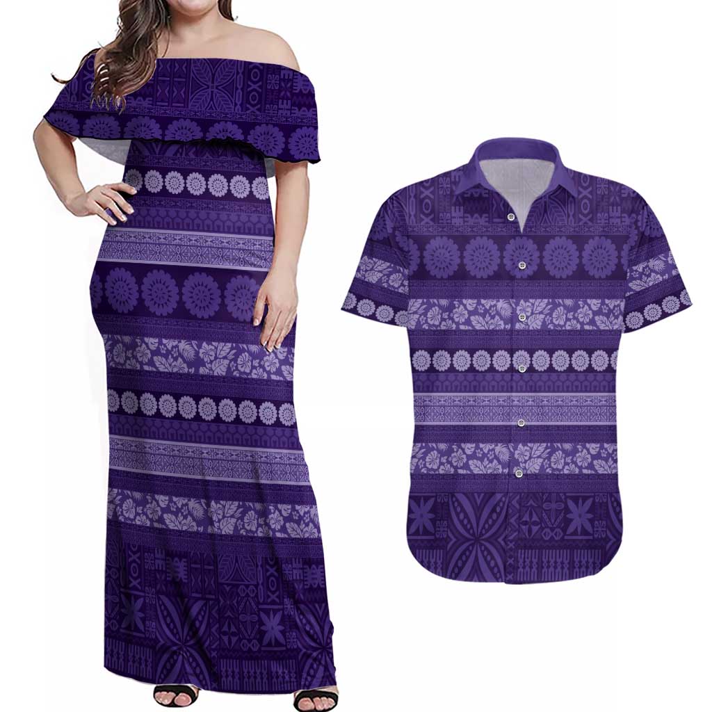 Fiji Marau na Kerisimasi Couples Matching Off Shoulder Maxi Dress and Hawaiian Shirt Purple Tapa Masi Inspired Christmas LT9 Purple - Polynesian Pride