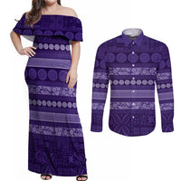 Fiji Marau na Kerisimasi Couples Matching Off Shoulder Maxi Dress and Long Sleeve Button Shirt Purple Tapa Masi Inspired Christmas LT9 Purple - Polynesian Pride