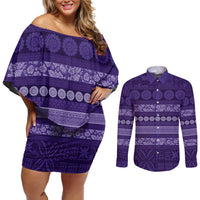 Fiji Marau na Kerisimasi Couples Matching Off Shoulder Short Dress and Long Sleeve Button Shirt Purple Tapa Masi Inspired Christmas LT9 Purple - Polynesian Pride