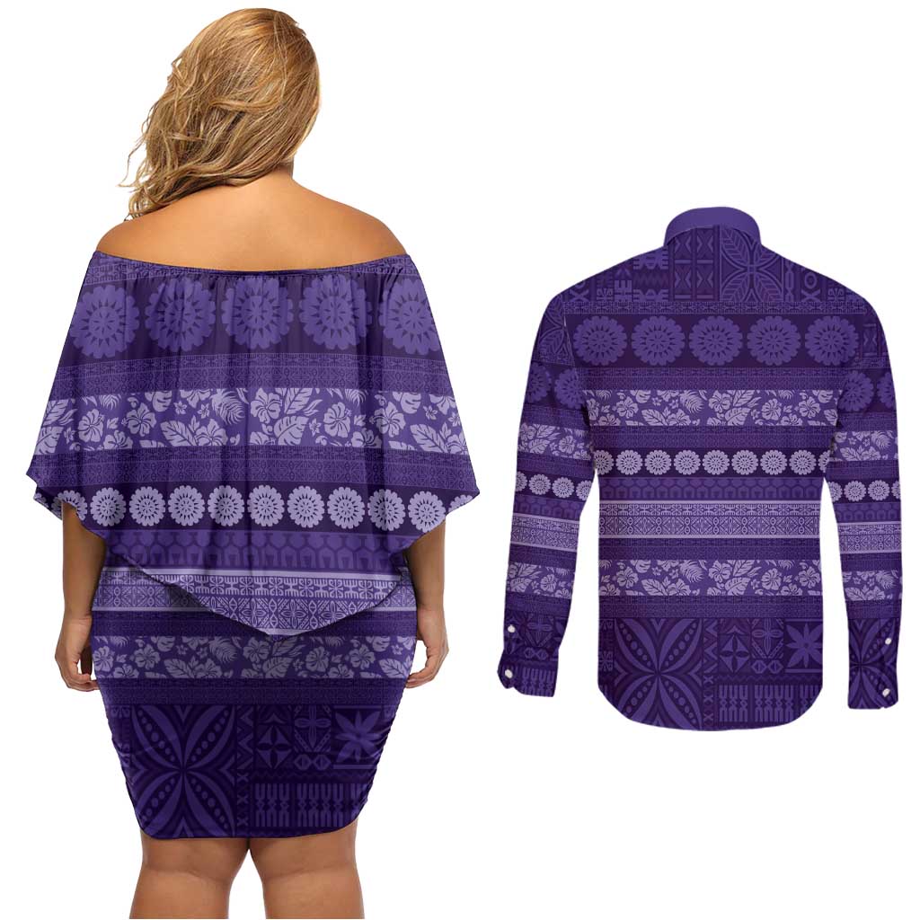 Fiji Marau na Kerisimasi Couples Matching Off Shoulder Short Dress and Long Sleeve Button Shirt Purple Tapa Masi Inspired Christmas LT9 - Polynesian Pride