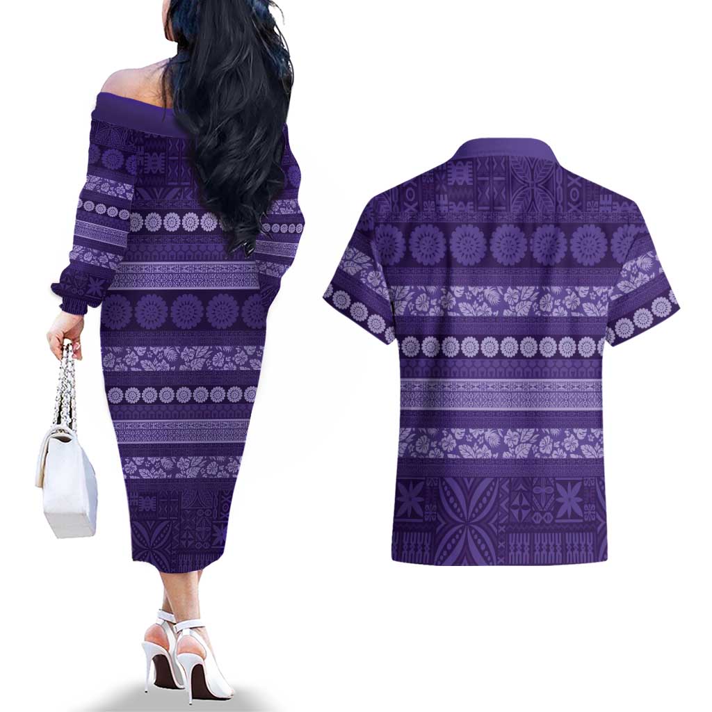 Fiji Marau na Kerisimasi Couples Matching Off The Shoulder Long Sleeve Dress and Hawaiian Shirt Purple Tapa Masi Inspired Christmas LT9 - Polynesian Pride