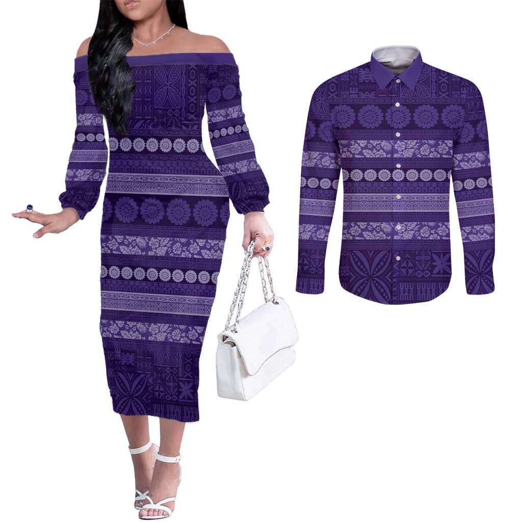 Fiji Marau na Kerisimasi Couples Matching Off The Shoulder Long Sleeve Dress and Long Sleeve Button Shirt Purple Tapa Masi Inspired Christmas LT9 Purple - Polynesian Pride