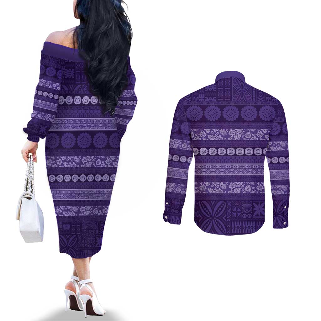 Fiji Marau na Kerisimasi Couples Matching Off The Shoulder Long Sleeve Dress and Long Sleeve Button Shirt Purple Tapa Masi Inspired Christmas LT9 - Polynesian Pride