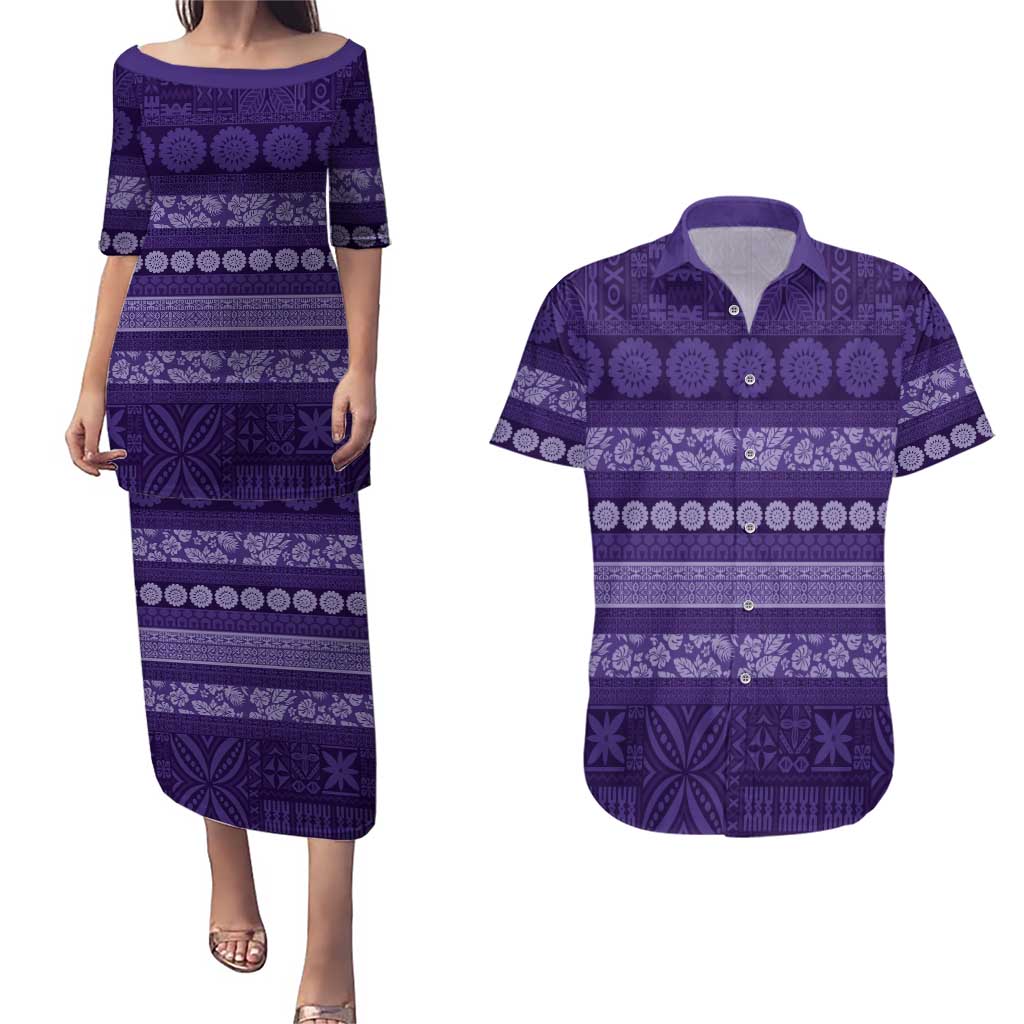 Fiji Marau na Kerisimasi Couples Matching Puletasi and Hawaiian Shirt Purple Tapa Masi Inspired Christmas LT9 Purple - Polynesian Pride