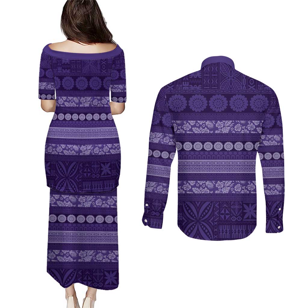 Fiji Marau na Kerisimasi Couples Matching Puletasi and Long Sleeve Button Shirt Purple Tapa Masi Inspired Christmas - Polynesian Pride