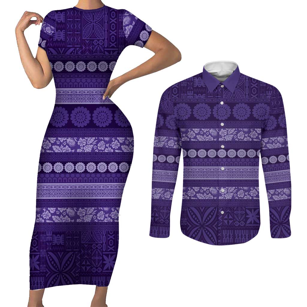 Fiji Marau na Kerisimasi Couples Matching Short Sleeve Bodycon Dress and Long Sleeve Button Shirt Purple Tapa Masi Inspired Christmas LT9 Purple - Polynesian Pride