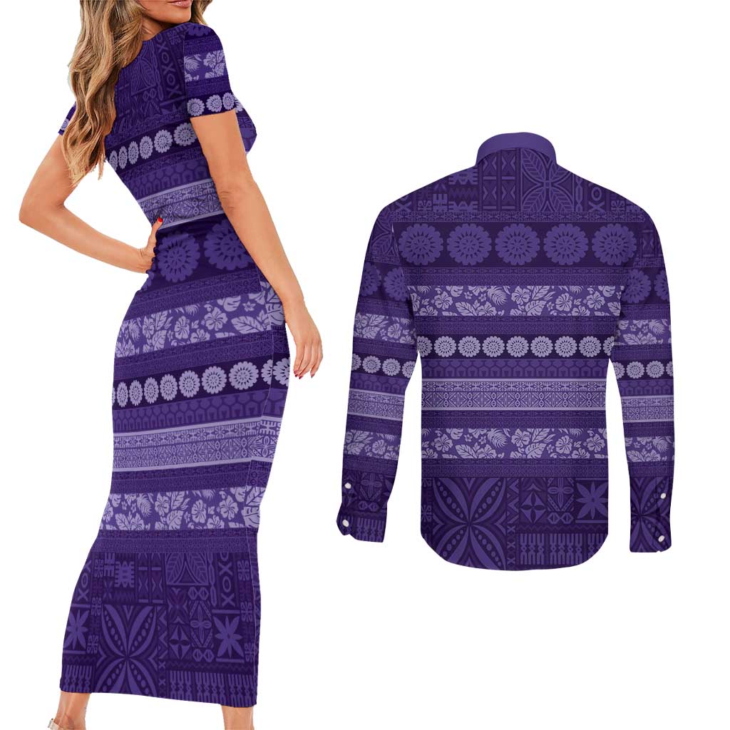 Fiji Marau na Kerisimasi Couples Matching Short Sleeve Bodycon Dress and Long Sleeve Button Shirt Purple Tapa Masi Inspired Christmas LT9 - Polynesian Pride