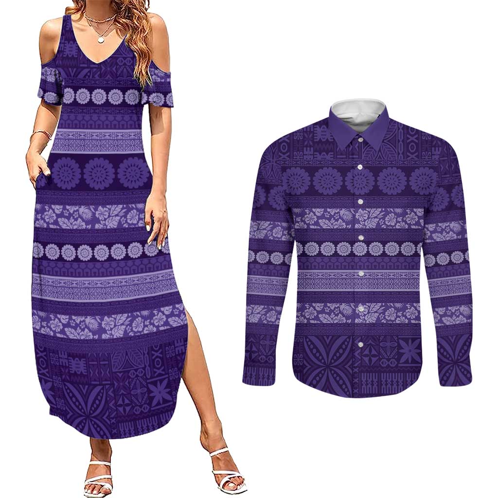 Fiji Marau na Kerisimasi Couples Matching Summer Maxi Dress and Long Sleeve Button Shirt Purple Tapa Masi Inspired Christmas LT9 Purple - Polynesian Pride
