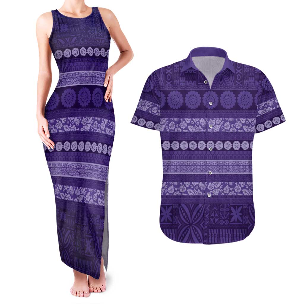Fiji Marau na Kerisimasi Couples Matching Tank Maxi Dress and Hawaiian Shirt Purple Tapa Masi Inspired Christmas LT9 Purple - Polynesian Pride