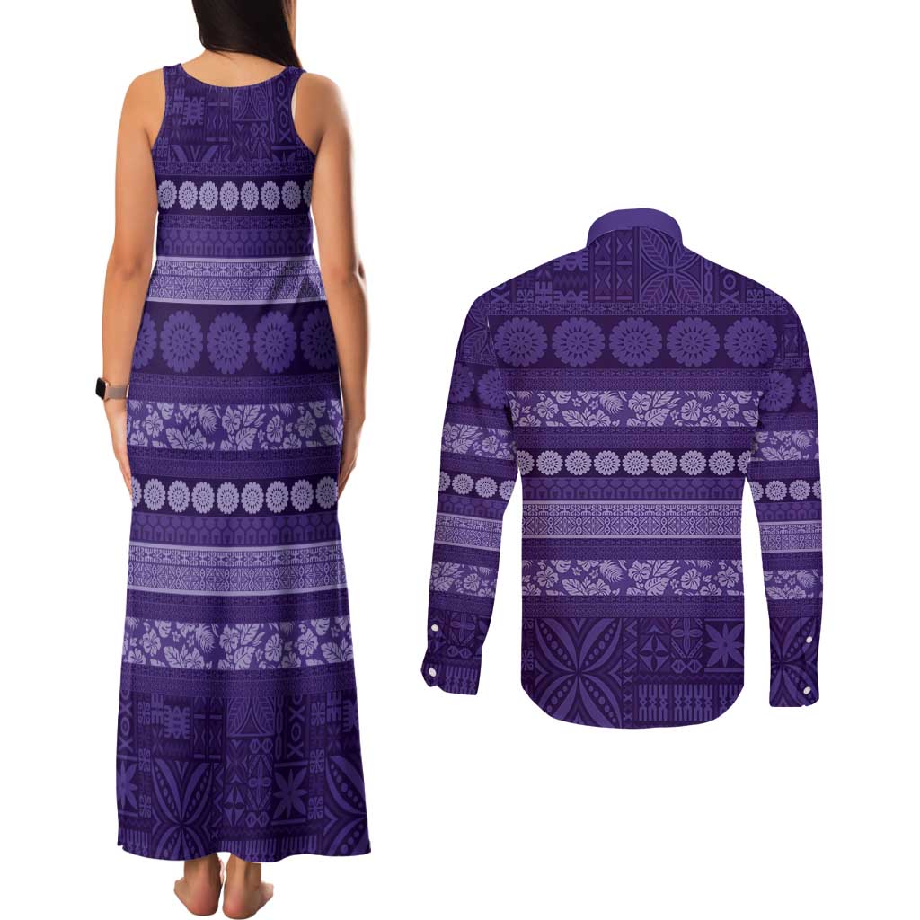 Fiji Marau na Kerisimasi Couples Matching Tank Maxi Dress and Long Sleeve Button Shirt Purple Tapa Masi Inspired Christmas LT9 - Polynesian Pride
