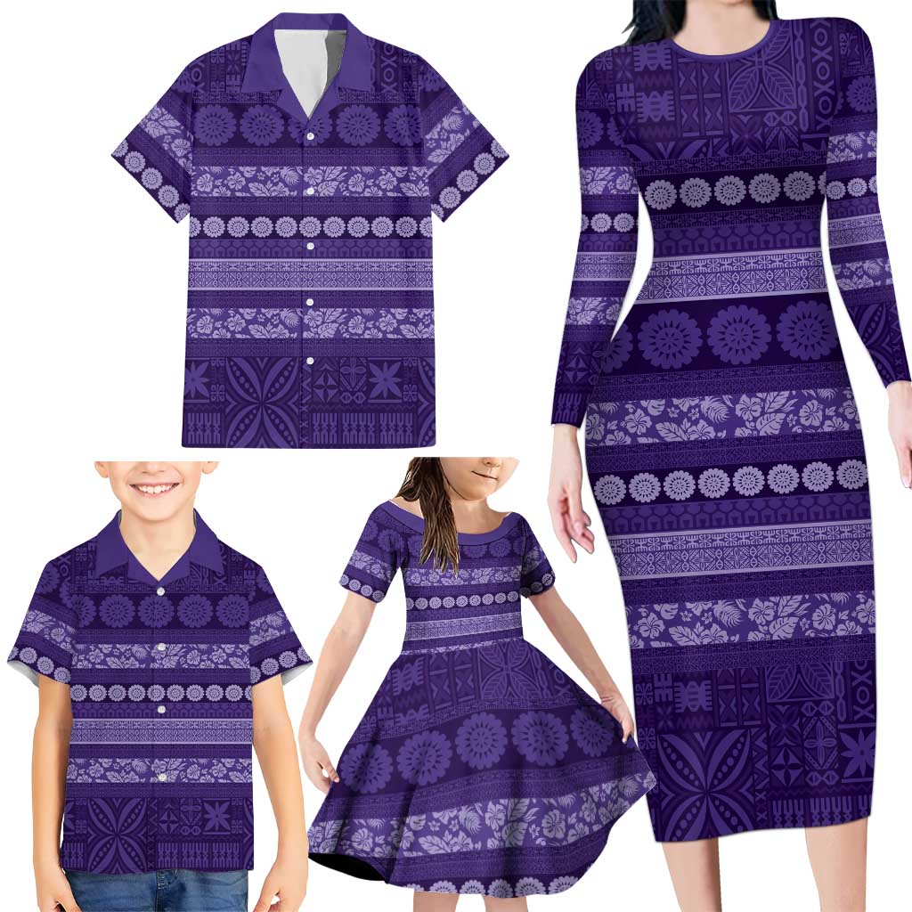 Fiji Marau na Kerisimasi Family Matching Long Sleeve Bodycon Dress and Hawaiian Shirt Purple Tapa Masi Inspired Christmas - Polynesian Pride