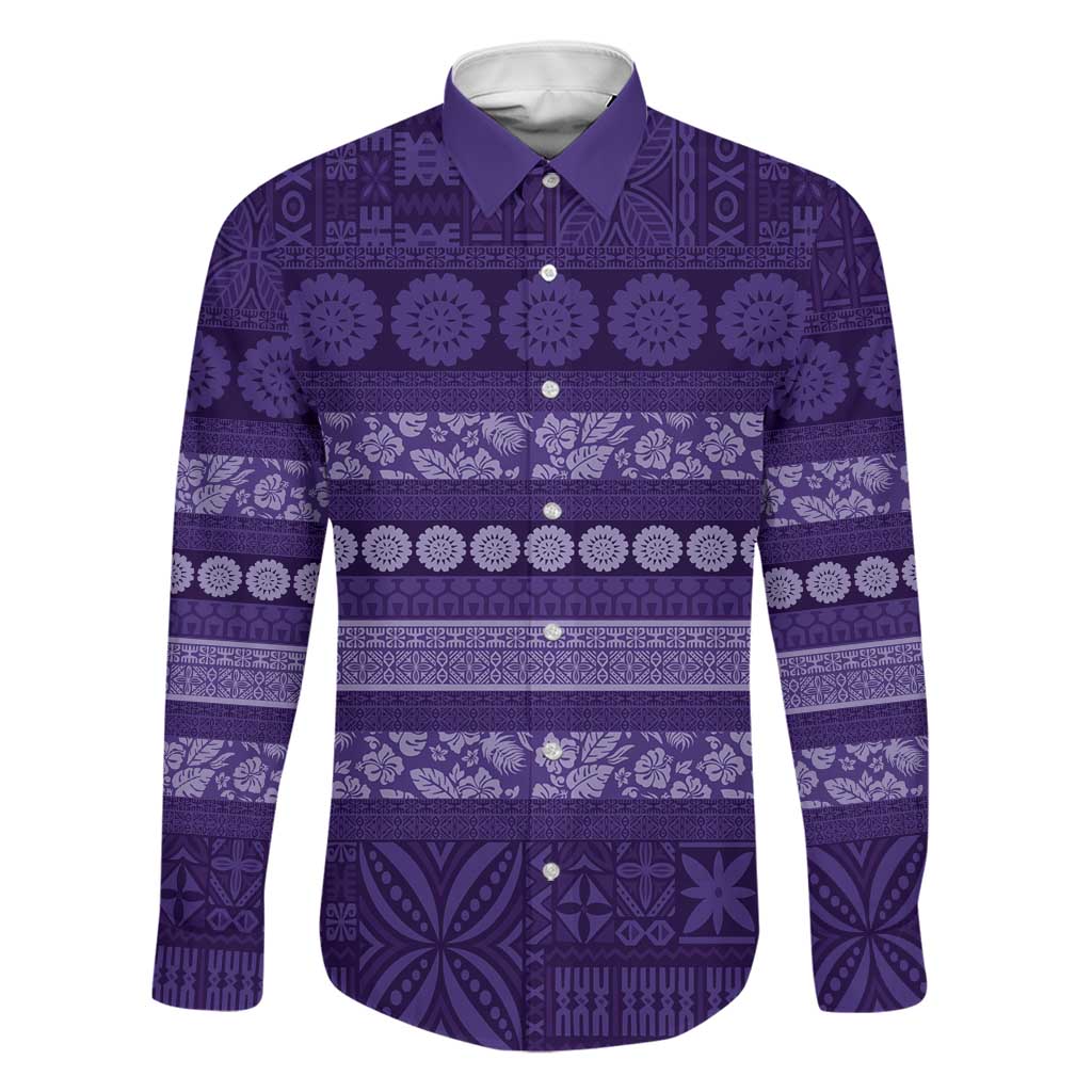 Fiji Marau na Kerisimasi Family Matching Summer Maxi Dress and Hawaiian Shirt Purple Tapa Masi Inspired Christmas LT9 Dad's Shirt - Long Sleeve Purple - Polynesian Pride