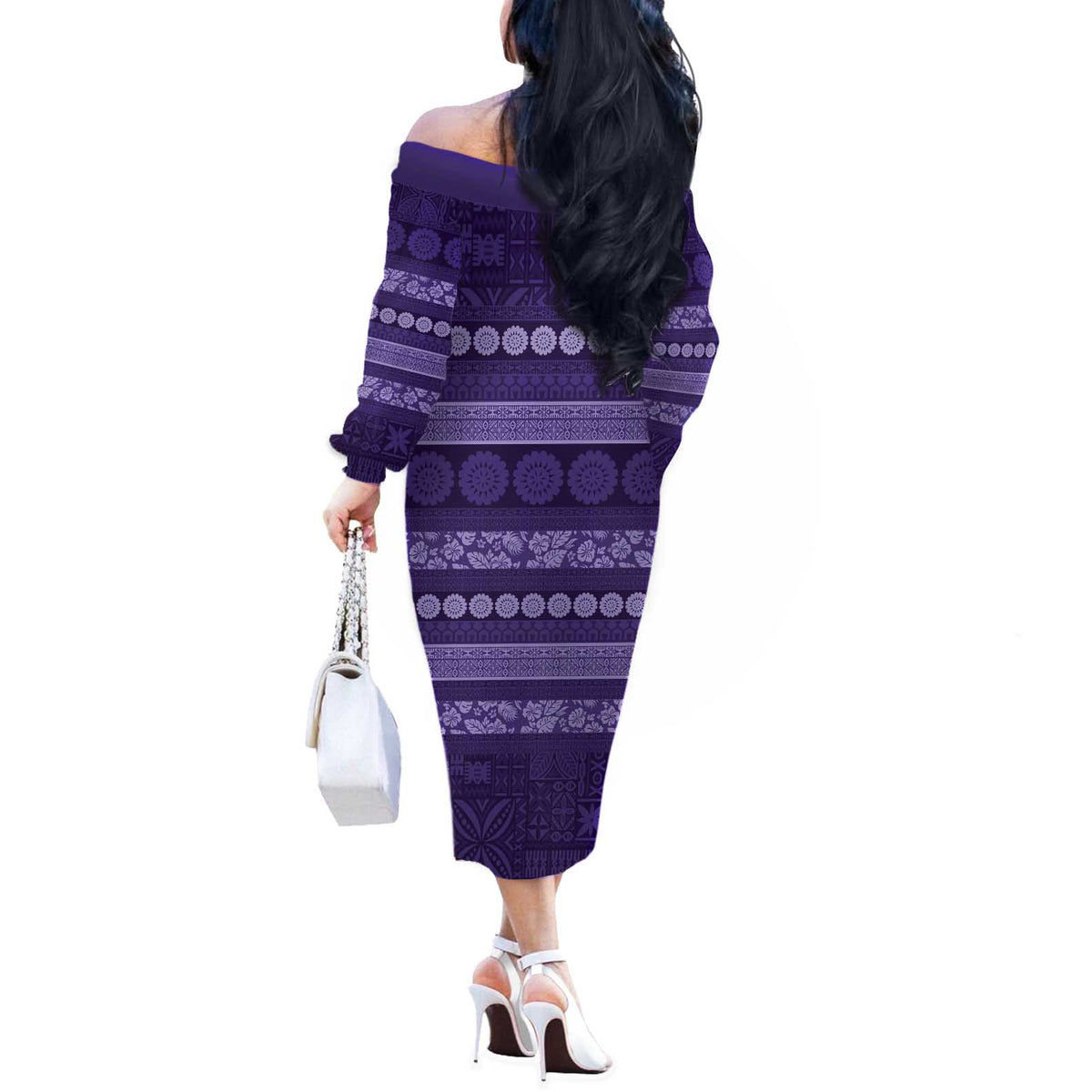Fiji Marau na Kerisimasi Off The Shoulder Long Sleeve Dress Purple Tapa Masi Inspired Christmas LT9 - Polynesian Pride