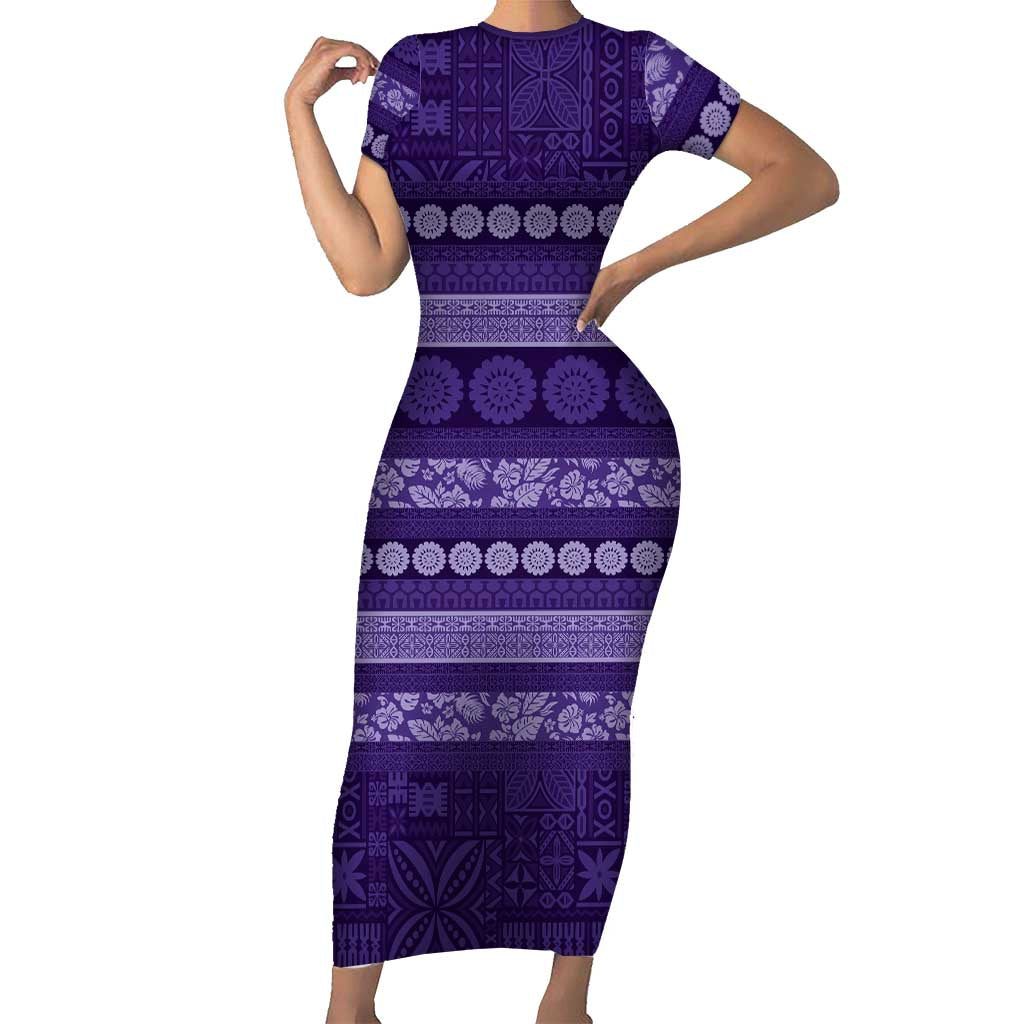 Fiji Marau na Kerisimasi Short Sleeve Bodycon Dress Purple Tapa Masi Inspired Christmas - Polynesian Pride