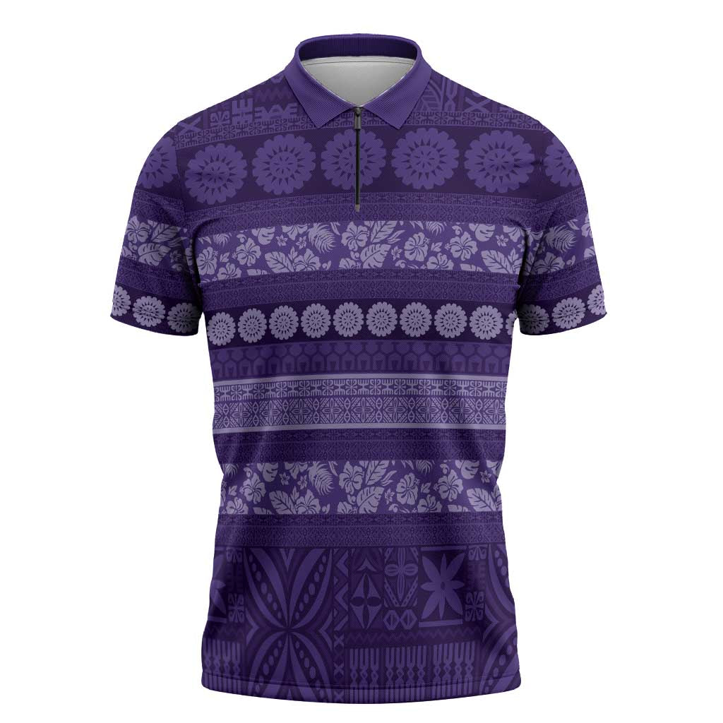 Fiji Marau na Kerisimasi Zipper Polo Shirt Purple Tapa Masi Inspired Christmas - Polynesian Pride