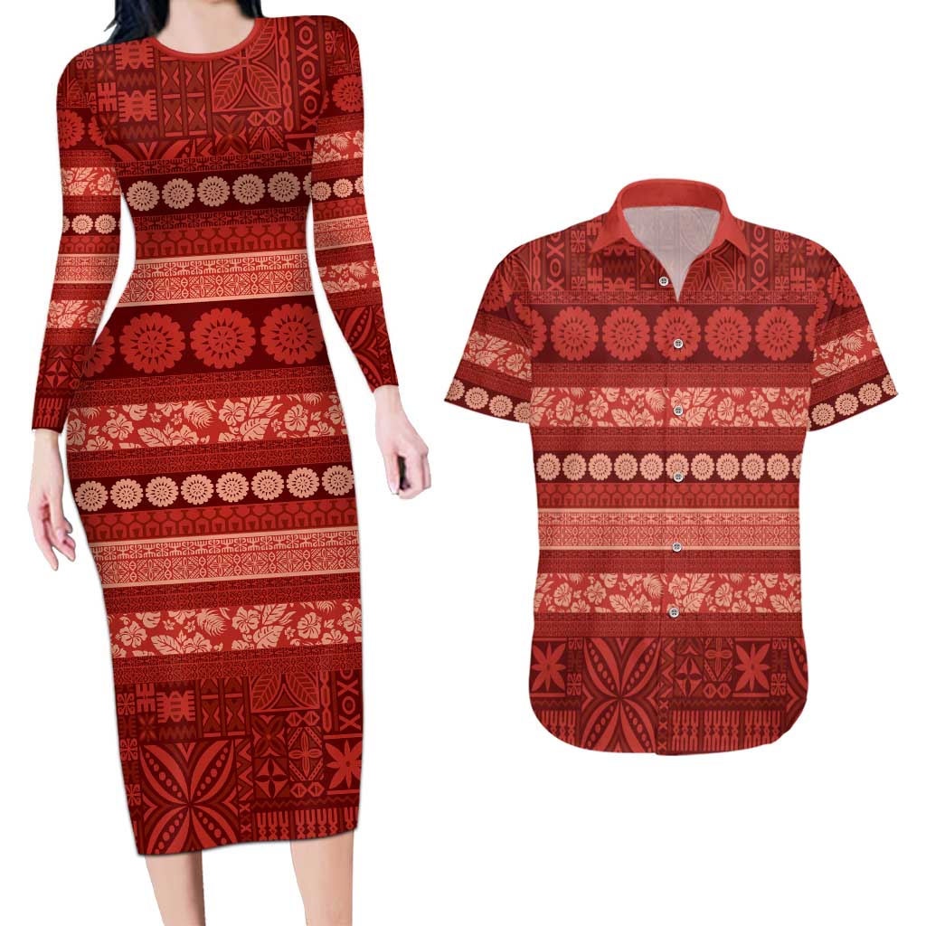 Fiji Marau na Kerisimasi Couples Matching Long Sleeve Bodycon Dress and Hawaiian Shirt Red Tapa Masi Inspired Christmas LT9 Red - Polynesian Pride