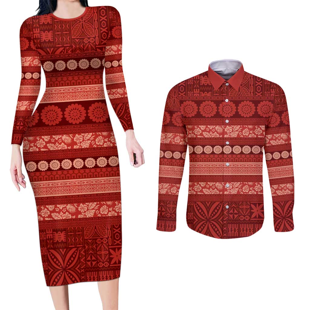 Fiji Marau na Kerisimasi Couples Matching Long Sleeve Bodycon Dress and Long Sleeve Button Shirt Red Tapa Masi Inspired Christmas LT9 Red - Polynesian Pride