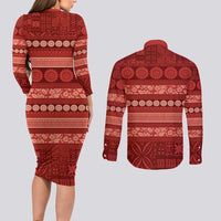 Fiji Marau na Kerisimasi Couples Matching Long Sleeve Bodycon Dress and Long Sleeve Button Shirt Red Tapa Masi Inspired Christmas LT9 - Polynesian Pride