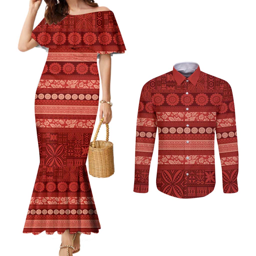 Fiji Marau na Kerisimasi Couples Matching Mermaid Dress and Long Sleeve Button Shirt Red Tapa Masi Inspired Christmas LT9 Red - Polynesian Pride