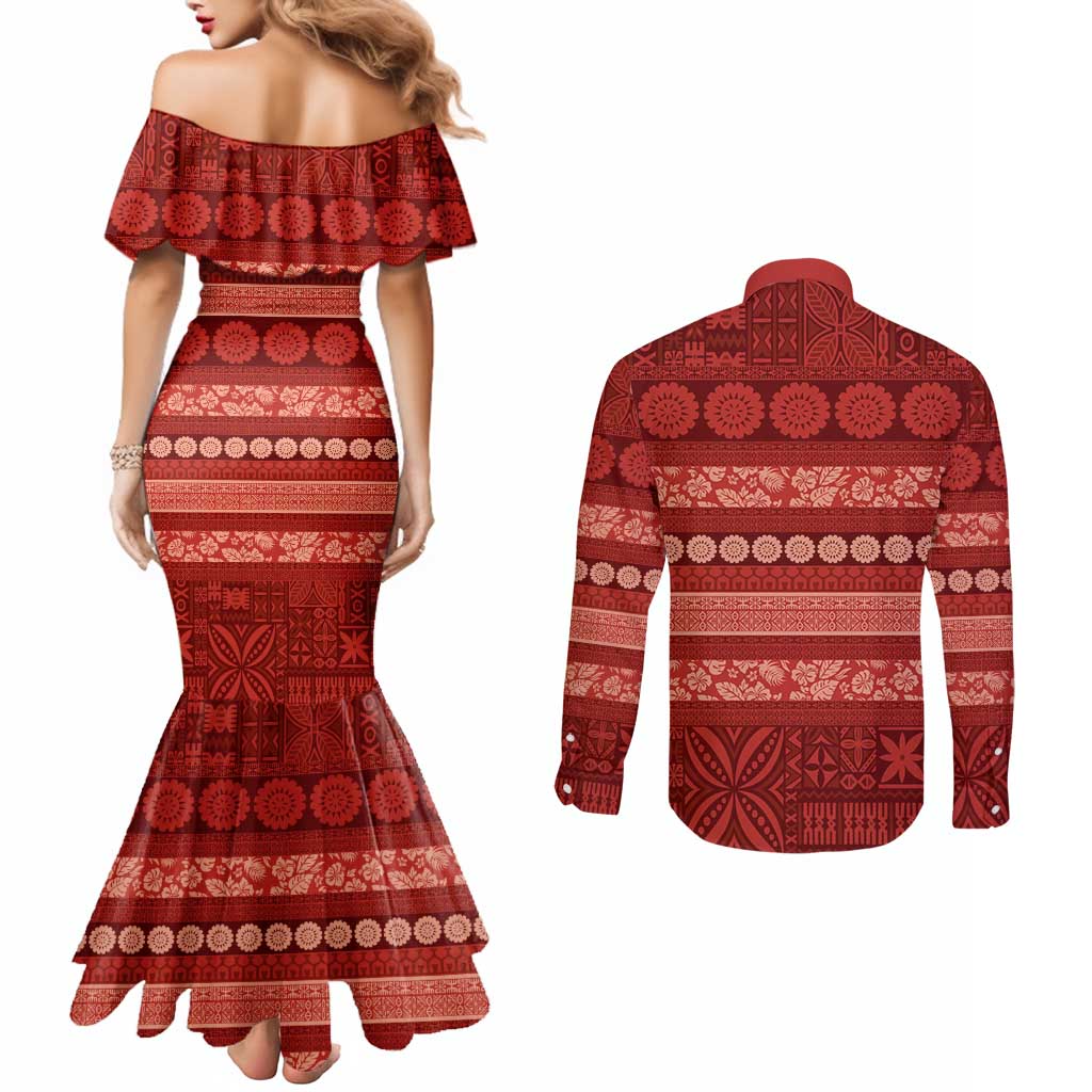 Fiji Marau na Kerisimasi Couples Matching Mermaid Dress and Long Sleeve Button Shirt Red Tapa Masi Inspired Christmas LT9 - Polynesian Pride