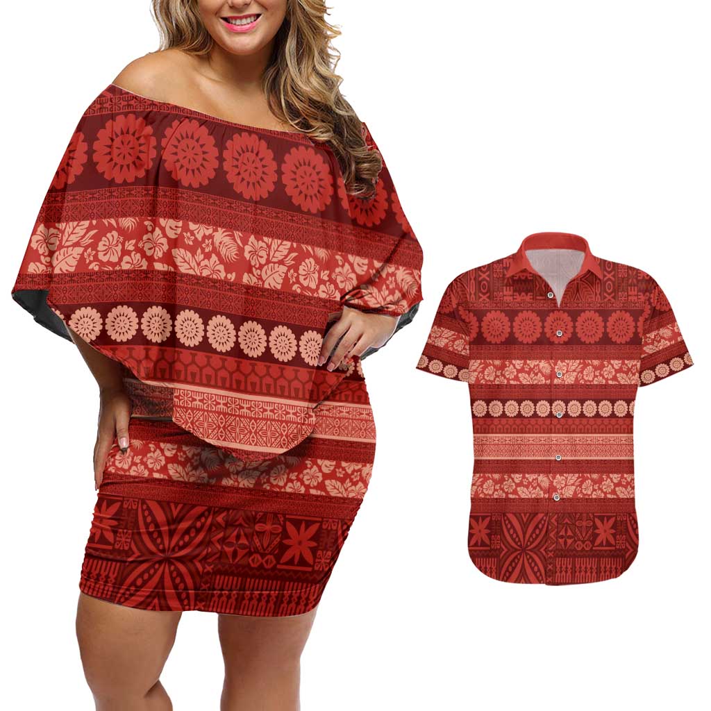 Fiji Marau na Kerisimasi Couples Matching Off Shoulder Short Dress and Hawaiian Shirt Red Tapa Masi Inspired Christmas LT9 Red - Polynesian Pride