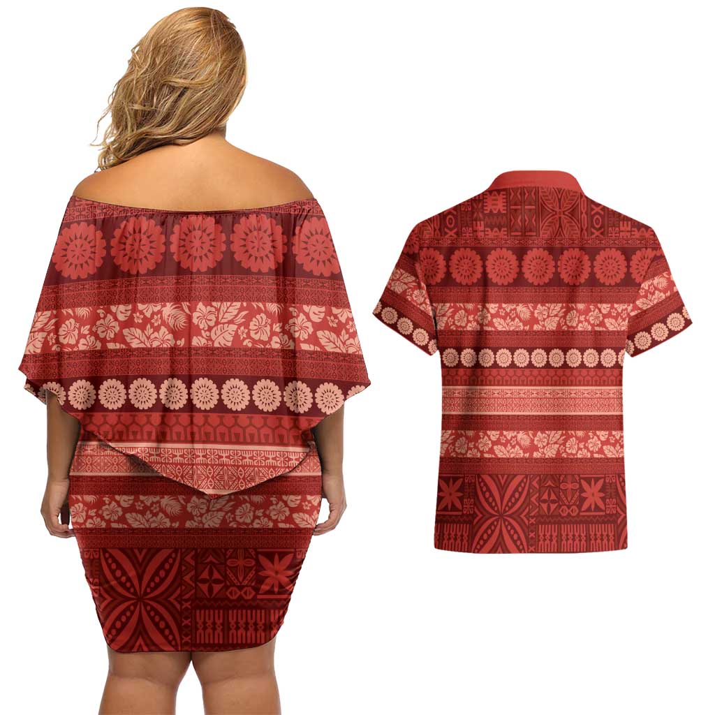 Fiji Marau na Kerisimasi Couples Matching Off Shoulder Short Dress and Hawaiian Shirt Red Tapa Masi Inspired Christmas LT9 - Polynesian Pride
