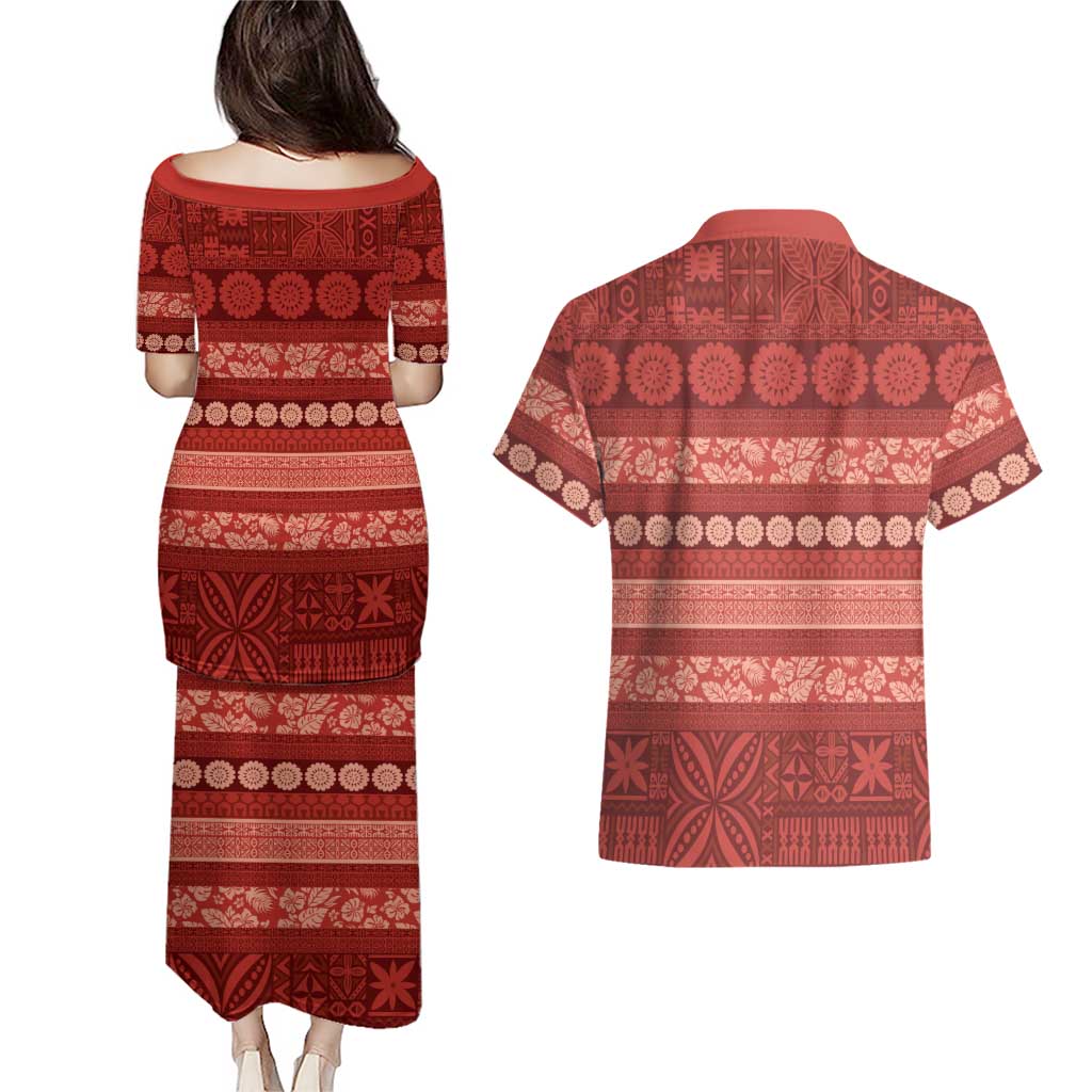 Fiji Marau na Kerisimasi Couples Matching Puletasi and Hawaiian Shirt Red Tapa Masi Inspired Christmas - Polynesian Pride