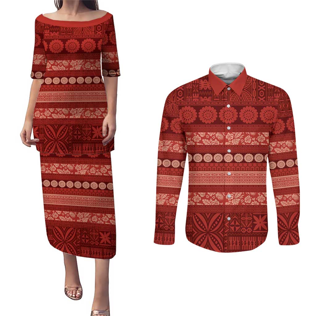 Fiji Marau na Kerisimasi Couples Matching Puletasi and Long Sleeve Button Shirt Red Tapa Masi Inspired Christmas - Polynesian Pride