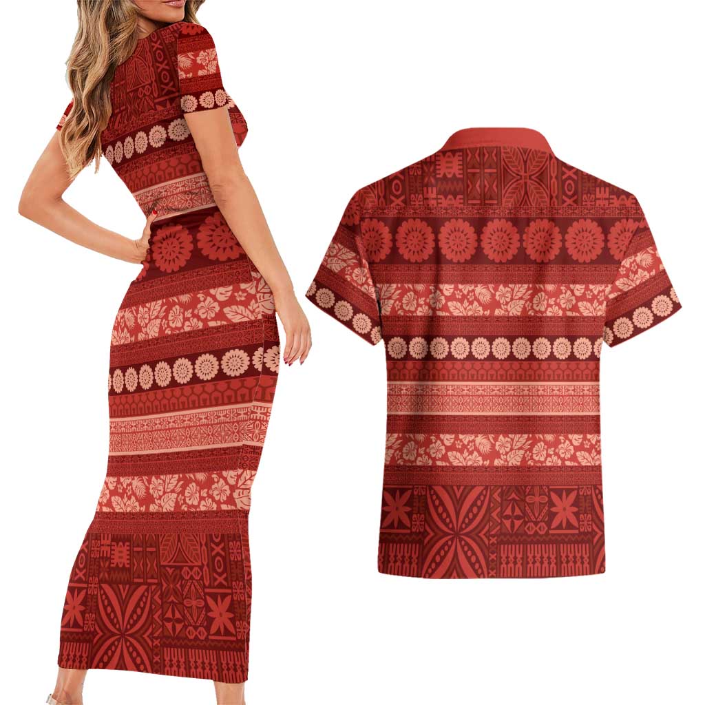 Fiji Marau na Kerisimasi Couples Matching Short Sleeve Bodycon Dress and Hawaiian Shirt Red Tapa Masi Inspired Christmas LT9 - Polynesian Pride
